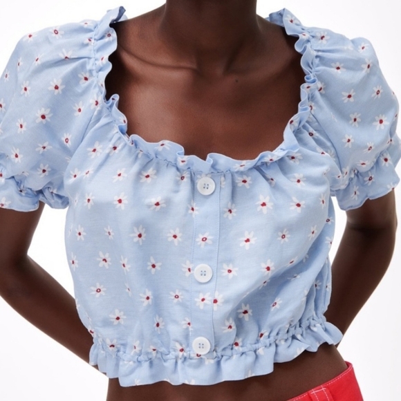Zara Women's Size XS Linen Viscose Blend Crop Puff Sleeve Floral Light Blue NWT - Picture 1 of 8